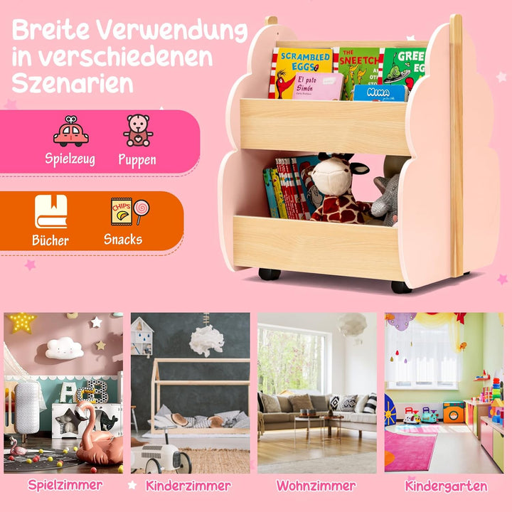 COSTWAY Kinder Bücherregal auf Rollen, 2 Ebenen Spielzeugregal aus Holz, 52 x 46 x 62,5 cm (Rosa), R