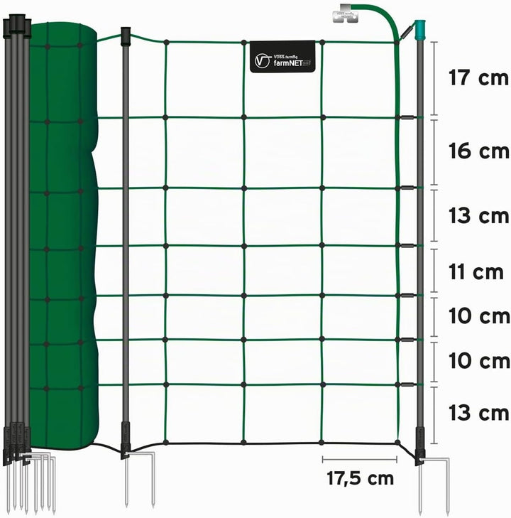 VOSS.farming Premium Schafnetz farmNET+ 50m 90cm Elektronetz 20 Pfähle 2 Spitzen grün, Hundezaun Wei