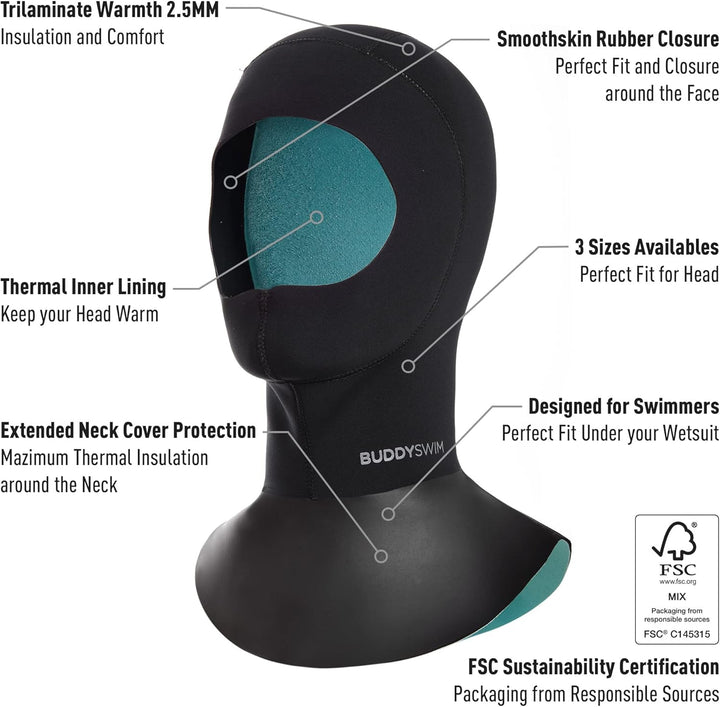Buddyswim 2,5 mm Dicke Neoprenbadekappe für Freiwasserschwimmen. Kälteisolierende Neoprenmütze mit K