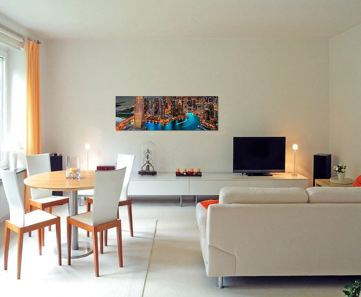 Paul Sinus Art Panoramabild auf Leinwand und Keilrahmen 150x50cm Stadt Yachthafen Hochhäuser Meer Dä