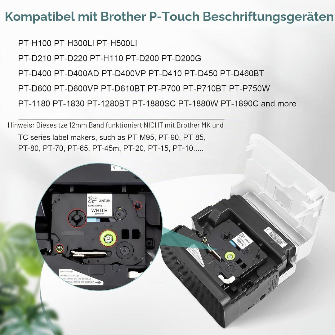 JINTUM 10X TZe-231 Kompatibel mit Brother P-Touch 12mm Schwarz auf | Weiss Laminated Schriftband für