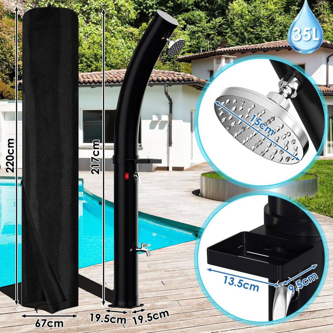 Solardusche Bogen Gartendusche 35 Liter max. 60°C mit Schutzhaube, Duschkopf 360° und Wasserhahn, Ga