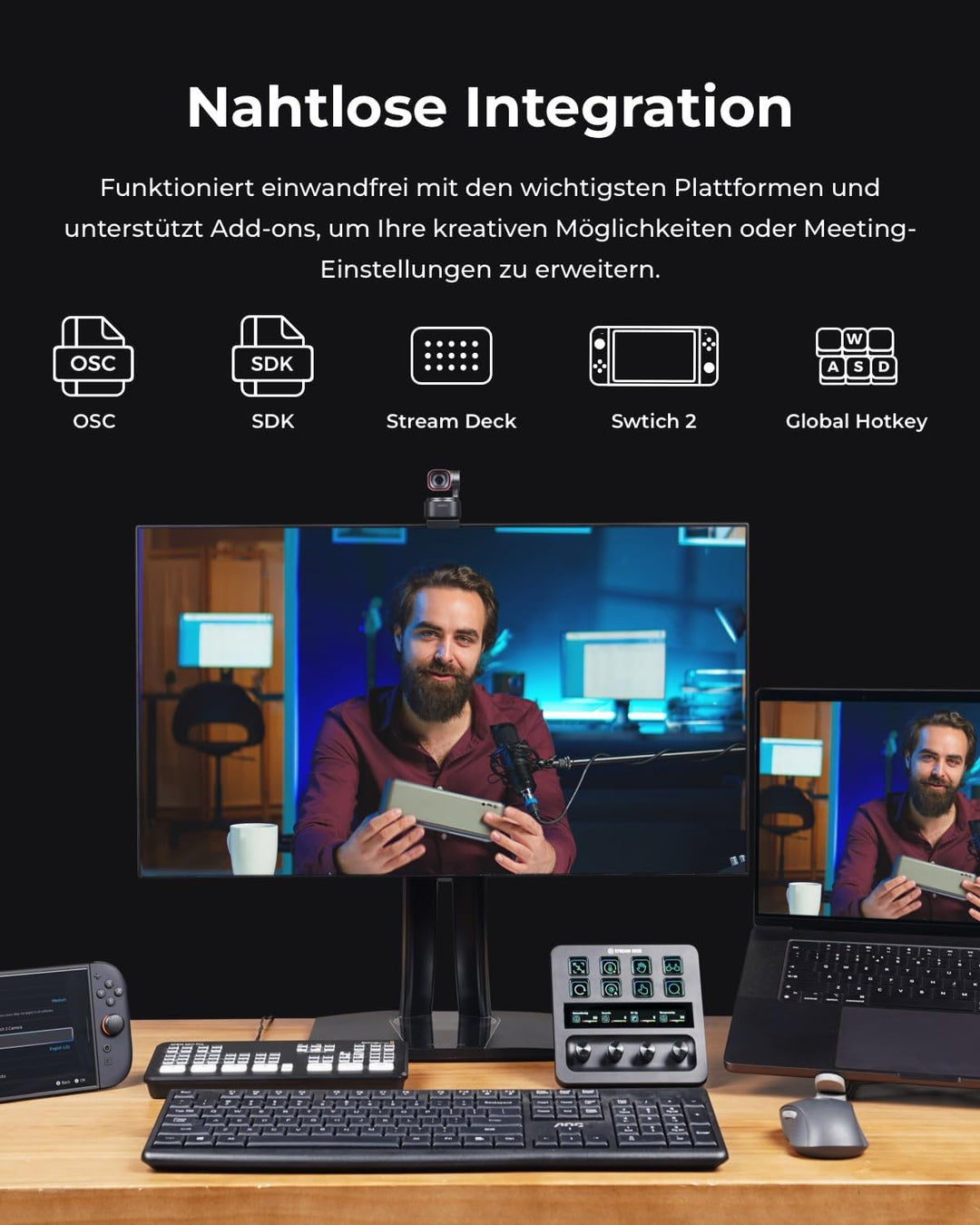 OBSBOT Tiny 3 KI-Webcam 4K mit Spatial Audio, AI Tracking PTZ Kamera, 1/1,28" Sensor, Tri-Mic, Sprac