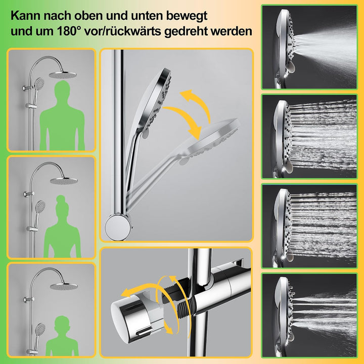 Florenta Regendusche Duschsystem ohne Armatur, Duschset mit Edelstahl-Duschstange, Kopfbrause und Ha