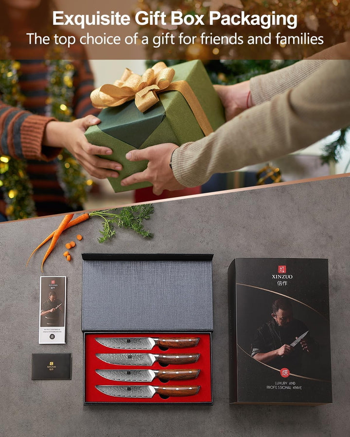 XINZUO Damaststahl 4-teilig Steakmesser Set, 12.7cm Premium Besteckmesser Set Scharfe Steakbesteck K