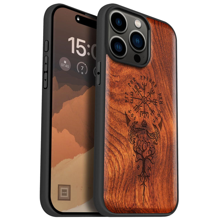 Carveit Holz Cover für iPhone 15 Pro Max hülle, Kompatibel mit Magsafe Silikon Stossfeste Cover, Mag