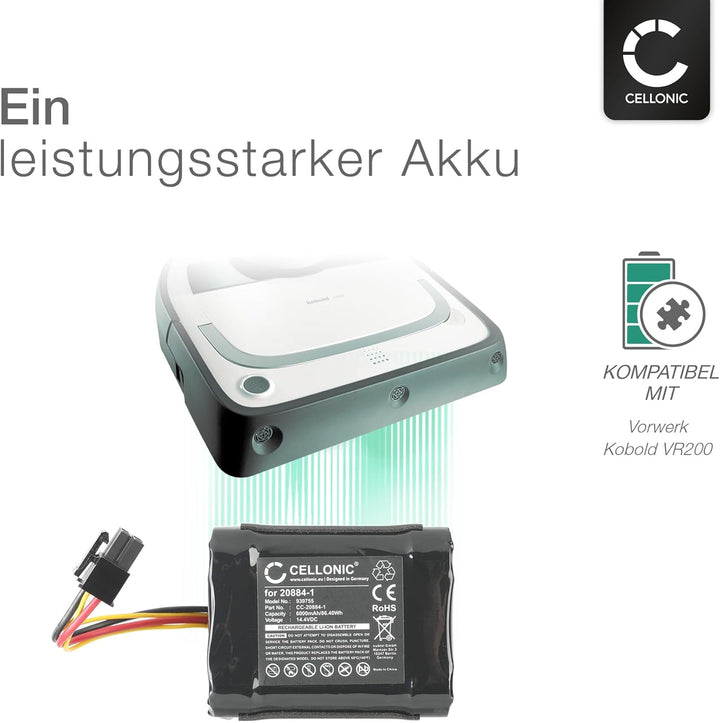 CELLONIC, Akku für Staubsauger kompatibel mit Vorwerk Kobold VR200, 20884-1, 4NCR18650P2-C001A (14.4