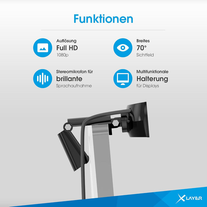 Xlayer Webcam 1080p I Full HD - Webcam mit Mikrofon I Plug & Play I Sichtfeld mit 70° I USB-Anschlus