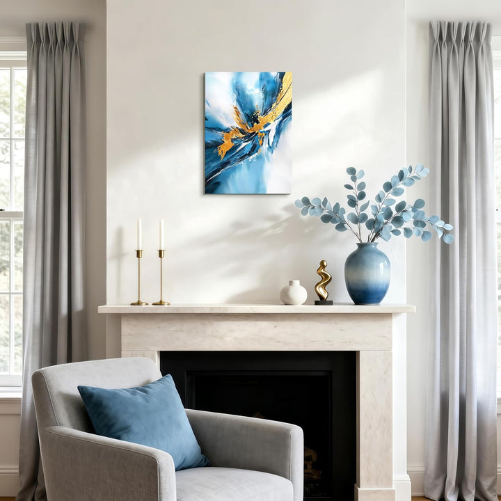 FajerminArt Abstrakt Blau Gold Wellen Leinwandbilder Mit Rahmen, Modern Minimalistisch Bild Auf Lein