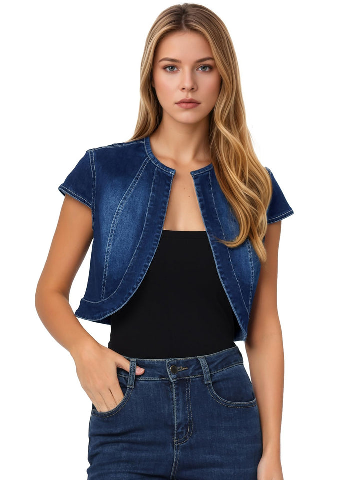 Allegra K Damen Kurz Jeansjacke Bolero Kurzarm Flügelärmeln Elegant Crop Denim Jacke XL Dunkel Blau,