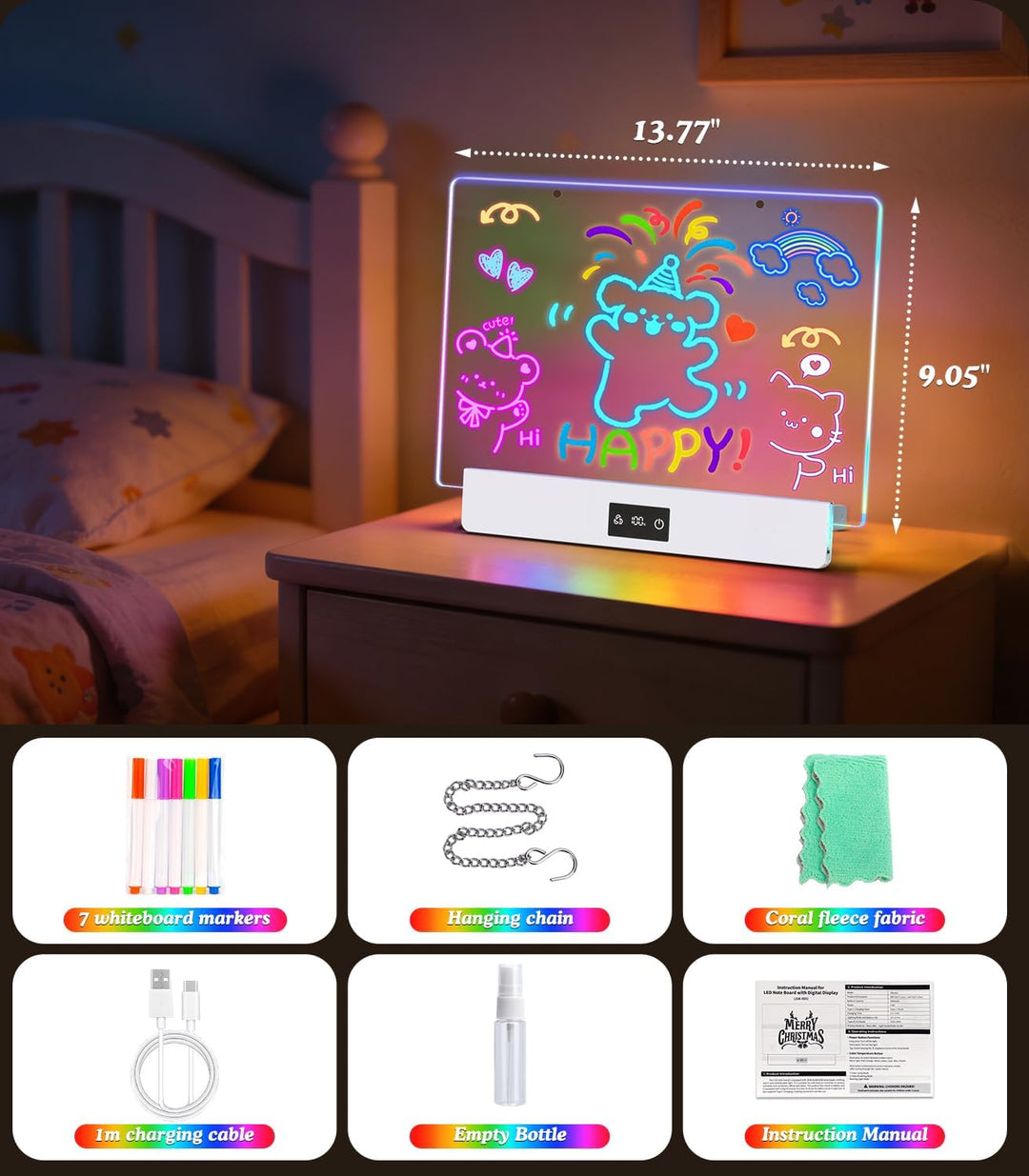 LED Zeichenbrett Kinder Schreibtafel 35*23cm LED Maltafel Notiztafel mit 8 RGB Farben & 3 Modi Ständ