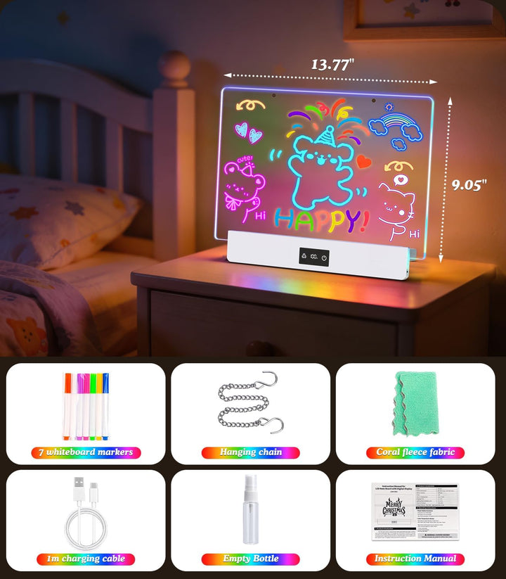 LED Zeichenbrett Kinder Schreibtafel 35*23cm LED Maltafel Notiztafel mit 8 RGB Farben & 3 Modi Ständ