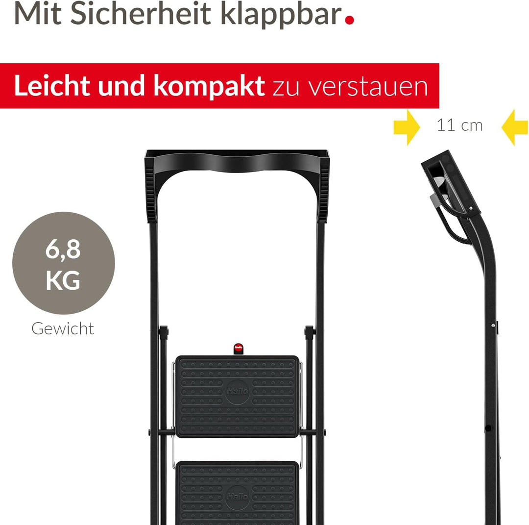 Hailo K77 ComfortLine Klapptritt - 3-stufige Trittleiter aus Stahl mit Sicherheitsbügel und Ablagesc