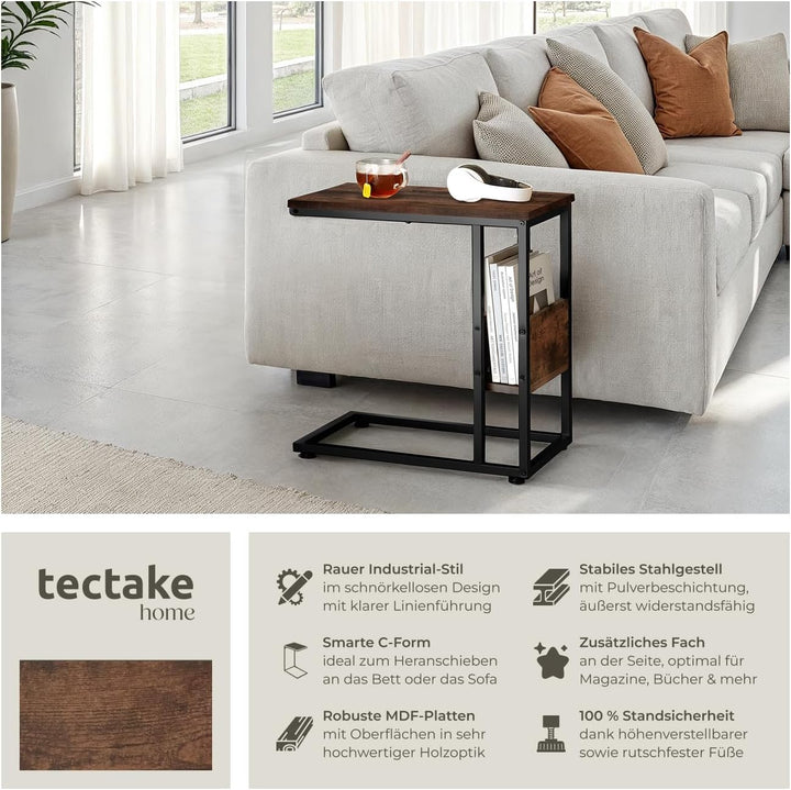 tectake® Beistelltisch Holz Metall, Wohnzimmertisch, Couchtisch C-Form, Laptoptisch für Couch, Bettt