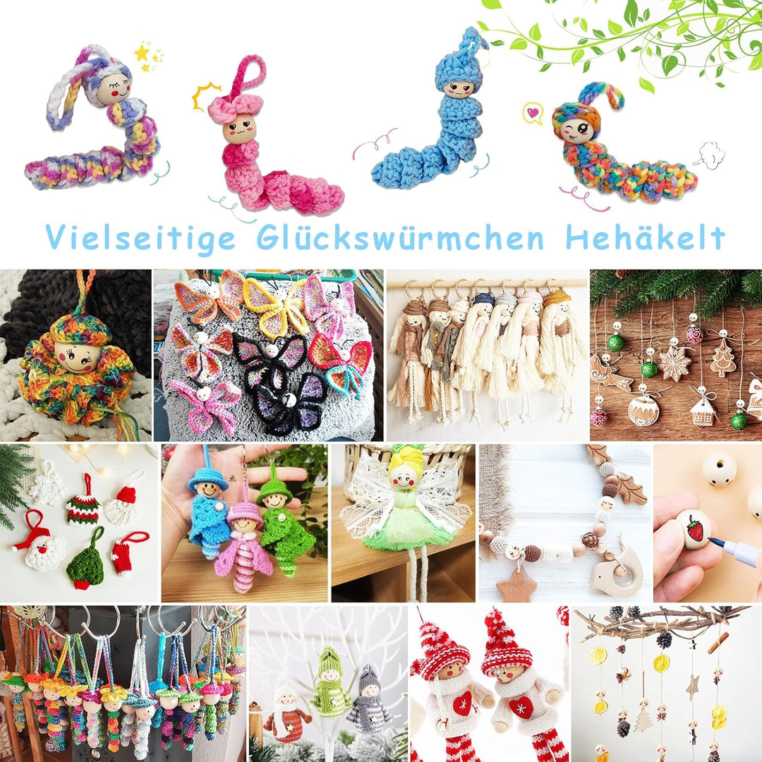 102 Stück Sorgenwürmchen Häkeln Set, 50 Holzkugeln mit Gesicht, Glückswürmchen, Ausgestattet mit Gar