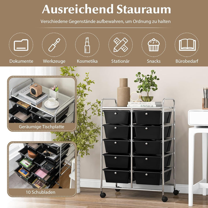 GOPLUS Rollwagen mit 10 Schubladen stapelbar, Rollcontainer mit Ablage & Metallgestell, Badregal, Au