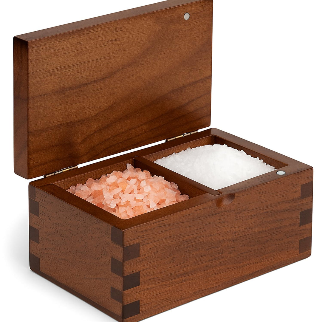 Demigo Salzkeller Akazienholz-Salzbox mit Klappdeckel, 14 x 9,1 x 7,6 cm, 590 ml, grosser Stauraum,