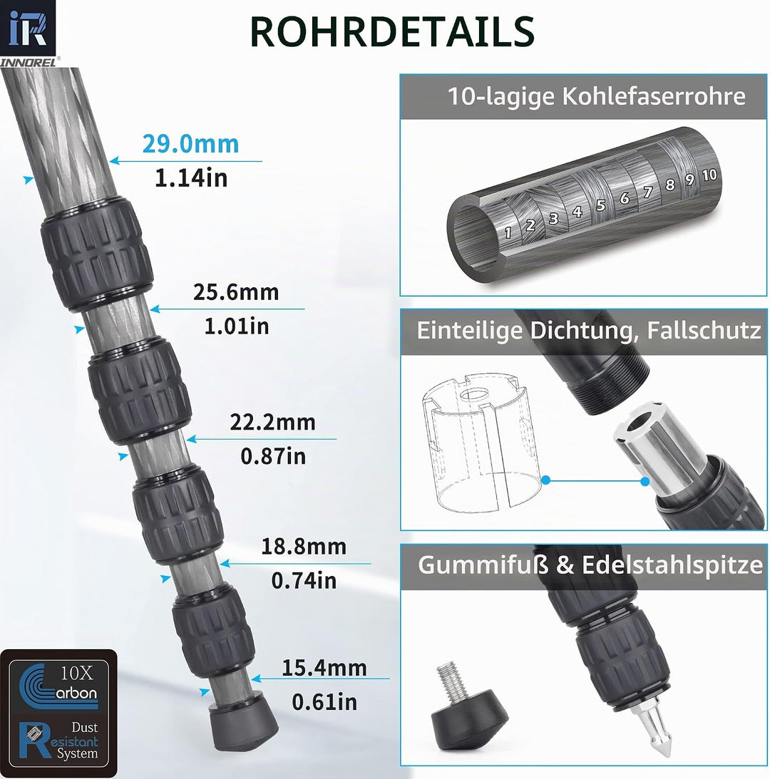 Kohlefaser-Kamera-Einbeinstativ INNOREL RM285C Professionelles, tragbares, leichtes Reise-Einbeinsta