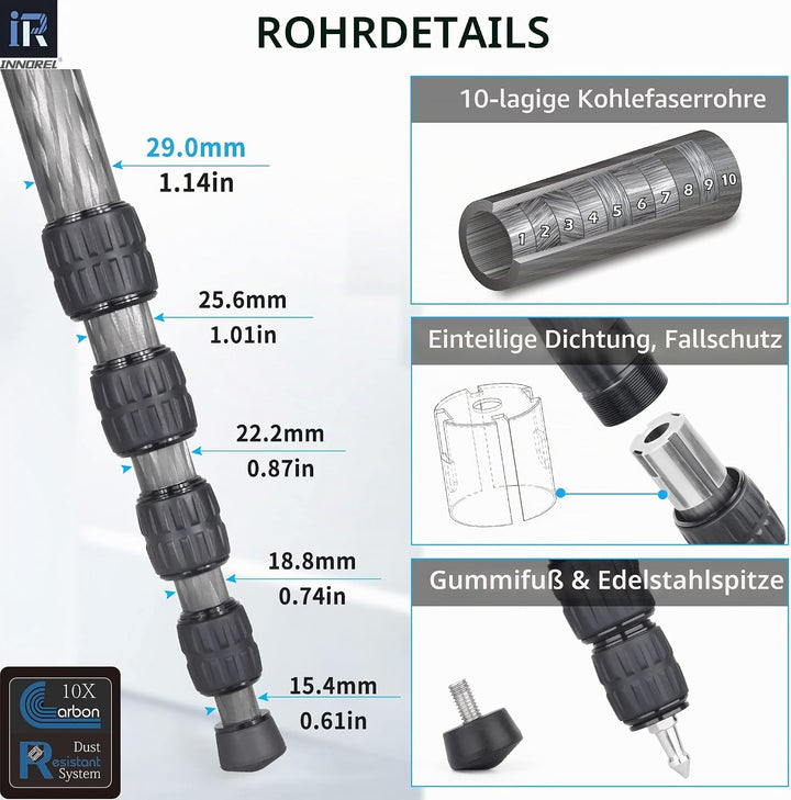 Kohlefaser-Kamera-Einbeinstativ INNOREL RM285C Professionelles, tragbares, leichtes Reise-Einbeinsta