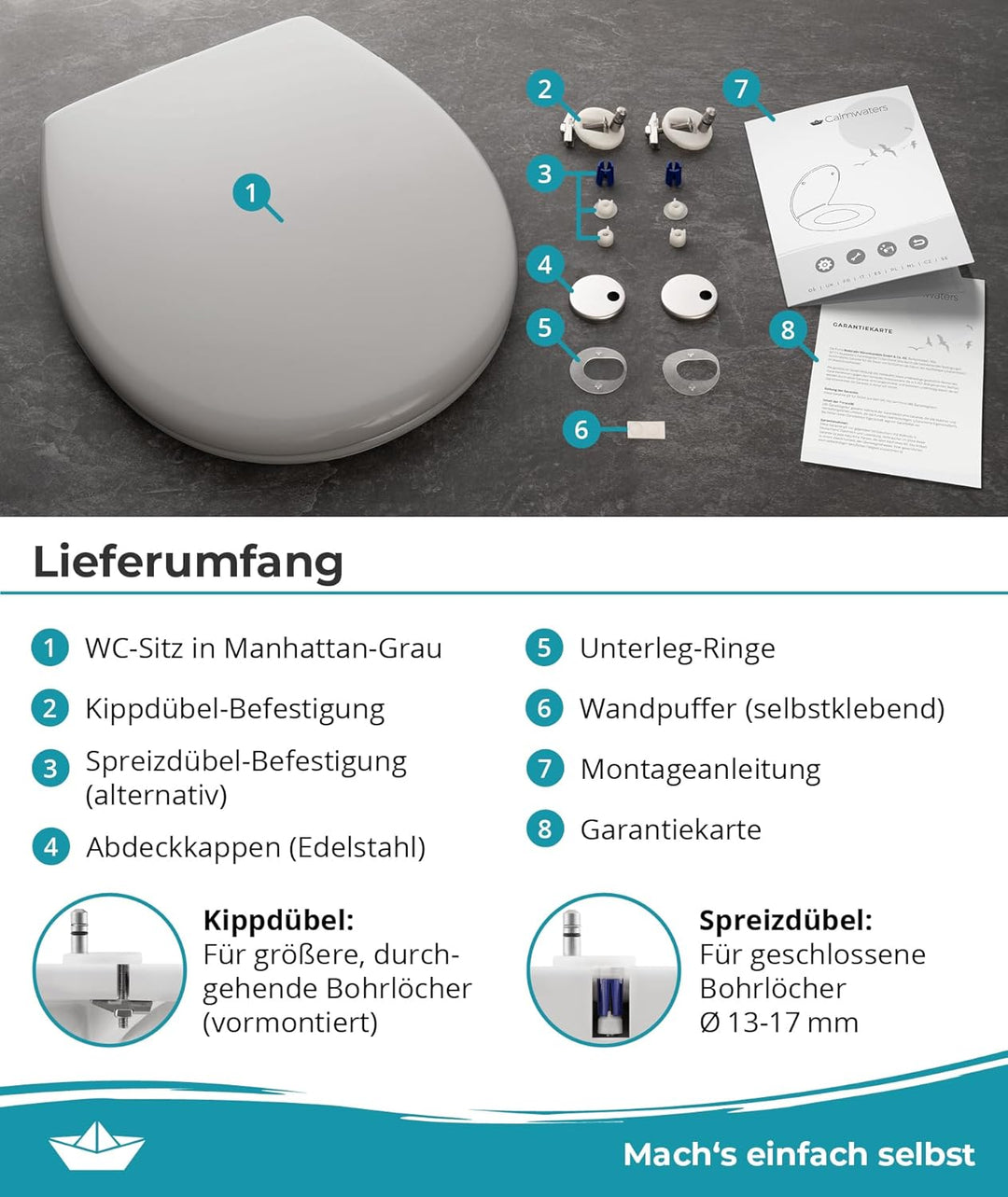 Calmwaters® Premium WC Sitz einfache Montage, Toilettendeckel bis 250 kg, Made in EU, aus antibakter