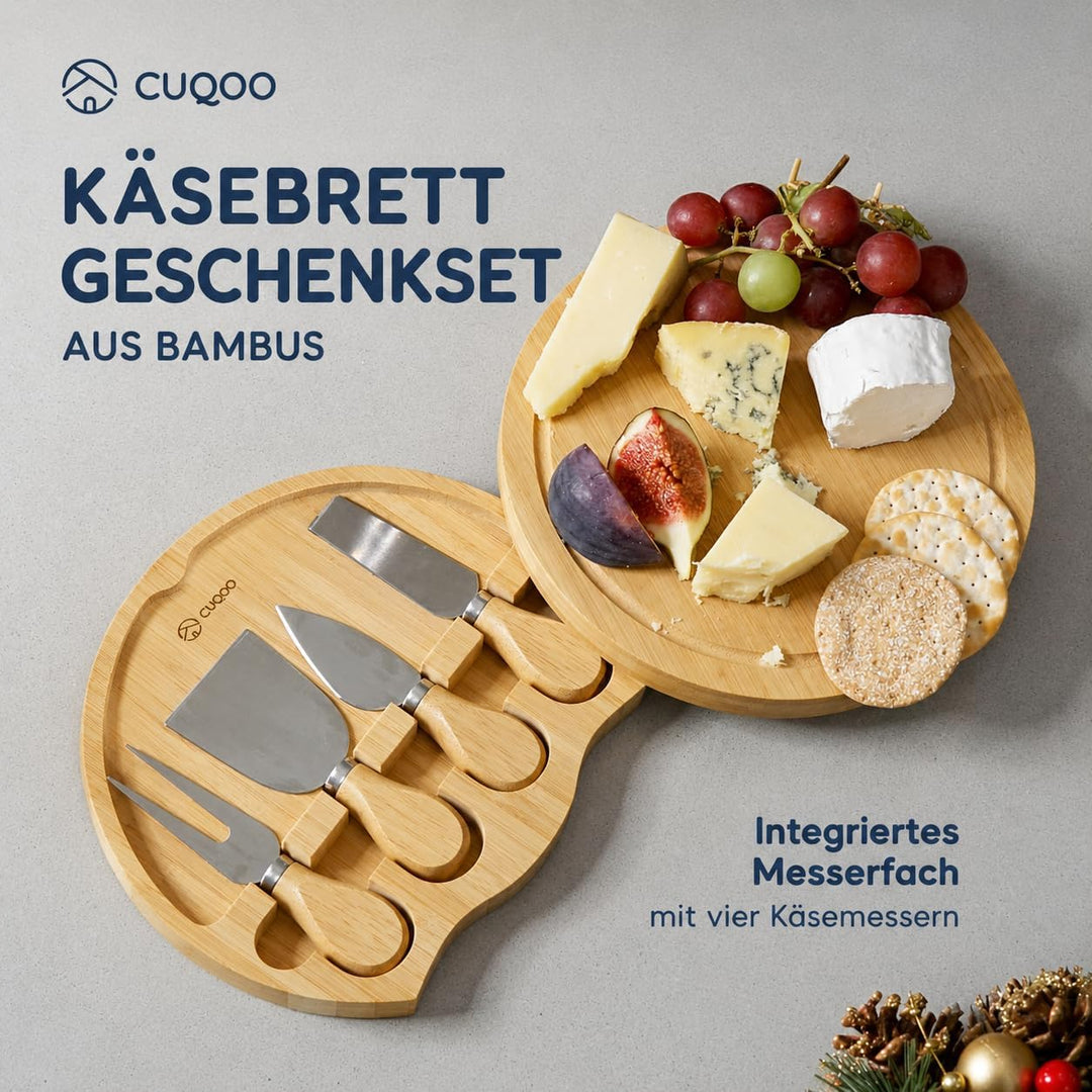 CUQOO Käsebrett-Set mit rundem Holzbrett mit integriertem herausziehbarem Messerfach, 3 Edelstahlmes