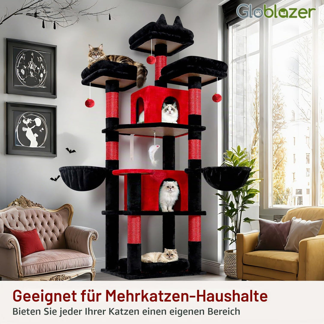 Globlazer Kratzbaum Schwarz Rot Stabil 174 cm mit 3 Gepolsterte Sitzstangen, 2 Katzenhaus, 2 Korb, A