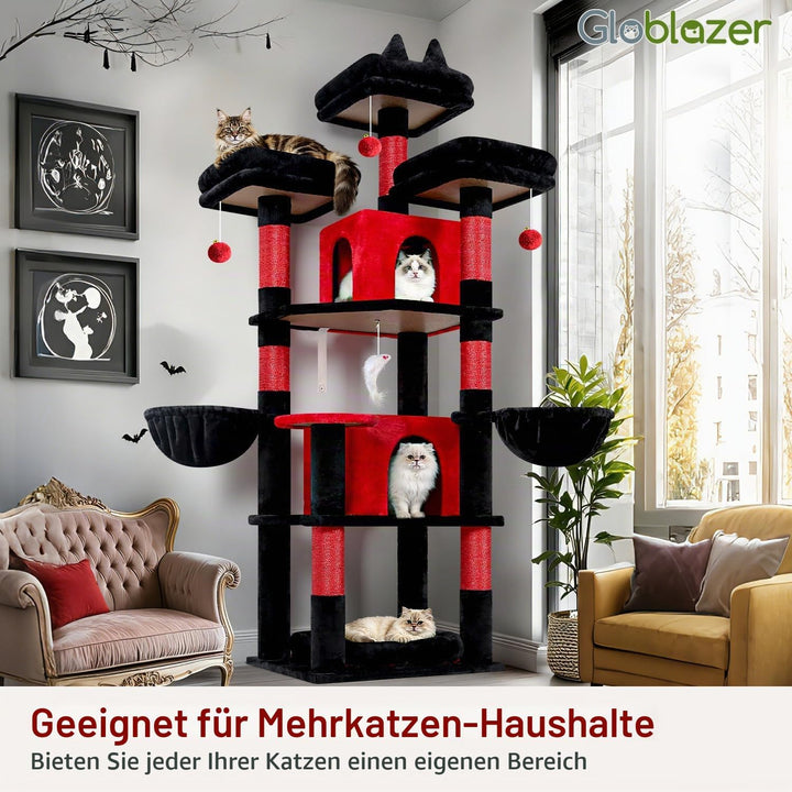 Globlazer Kratzbaum Schwarz Rot Stabil 174 cm mit 3 Gepolsterte Sitzstangen, 2 Katzenhaus, 2 Korb, A