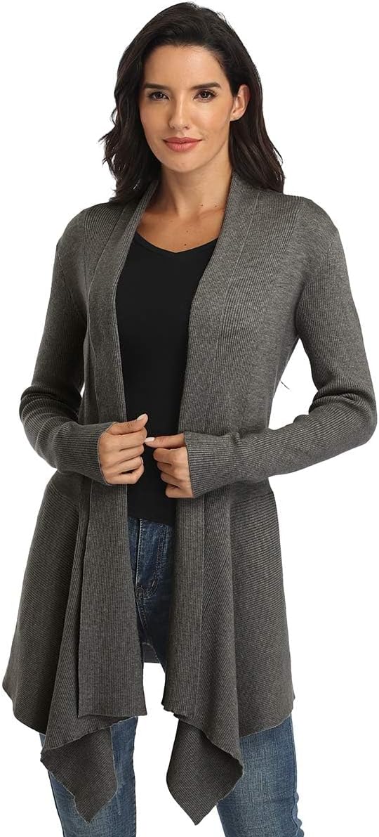 Dilgul Cardigan Damen Strickjacke Langarm Strickmantel Lang Pullover Open Front Unregelmässiger Saum