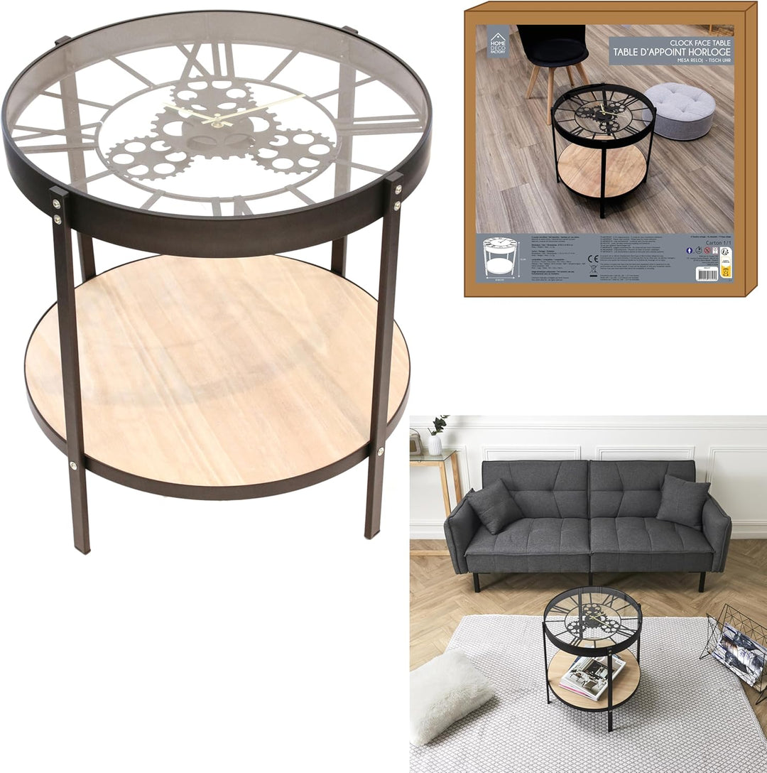 HOME DECO FACTORY Uhr Beistelltisch, 50.5cm x 50.5cm x 49cm One Size Schwarz / Transparent, One Size