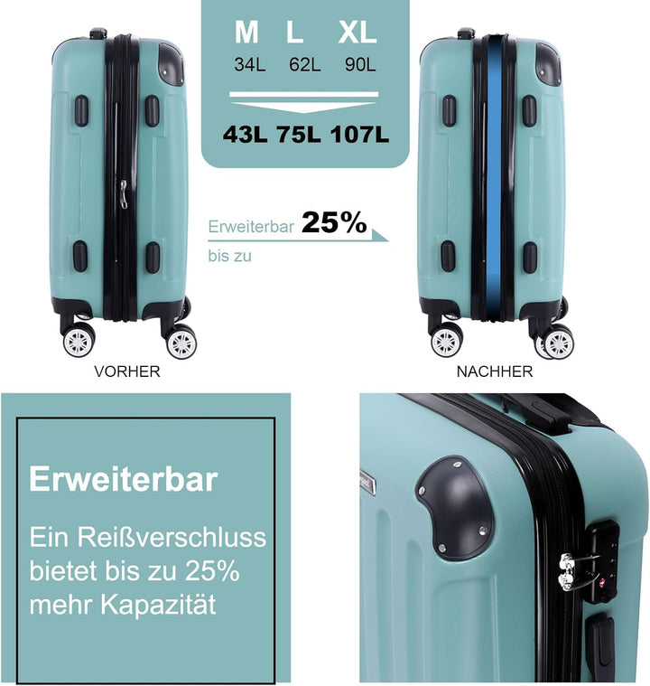 3er Kofferset - Robuste ABS- Hartschalenkoffer, TSA-Zahlenschloss, erweiterbare Kapazität - in M, L,