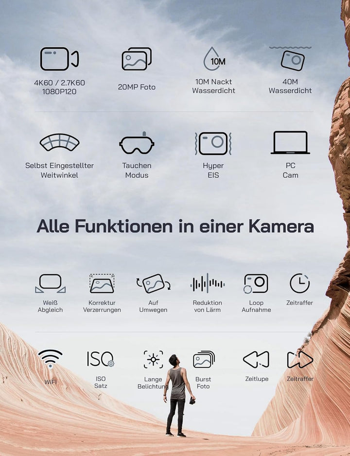 WOLFANG GA420 Action Cam 4K 60FPS Unterwasserkamera WiFi 10M Wasserdicht ohne Gehäuse 3.0 EIS Bildst