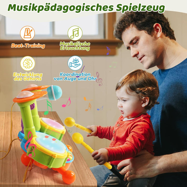 Schlagzeug Kinder Spielzeug - Musikinstrumente für Kinder ab 1 Jahr Mit Kinderreimen &amp; Lichtfunktion