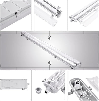 Ikodm 18W LED Feuchtraumleuchte 60 cm 6000K 3060 lm Wannenleuchte, Doppelt T8 LED Röhre, IP65 Wannen