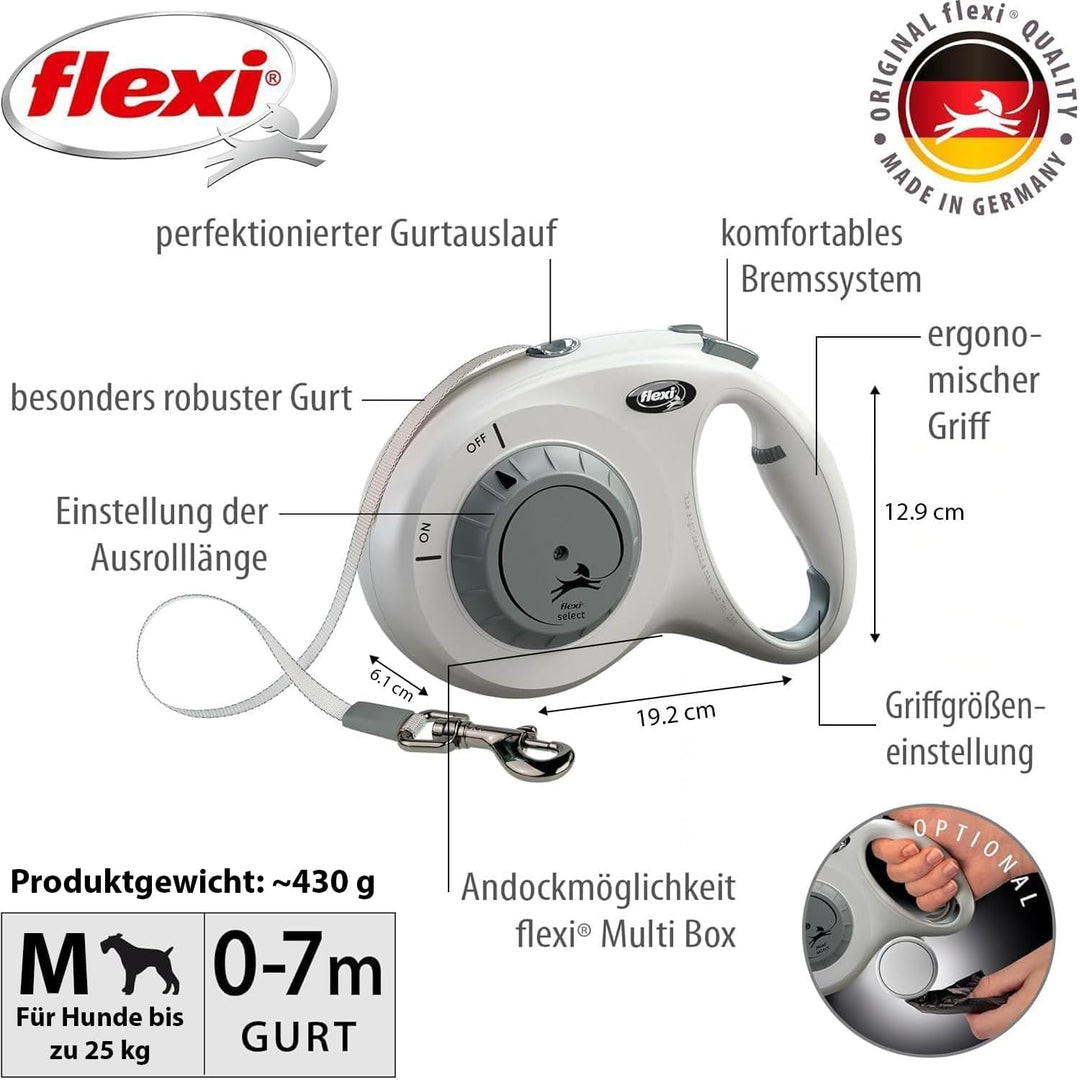 flexi® Select Gurt 7 m hellgrau, zwischen 0-7 m einstellbare Roll-Leine für Hunde bis 25 kg hellgrau