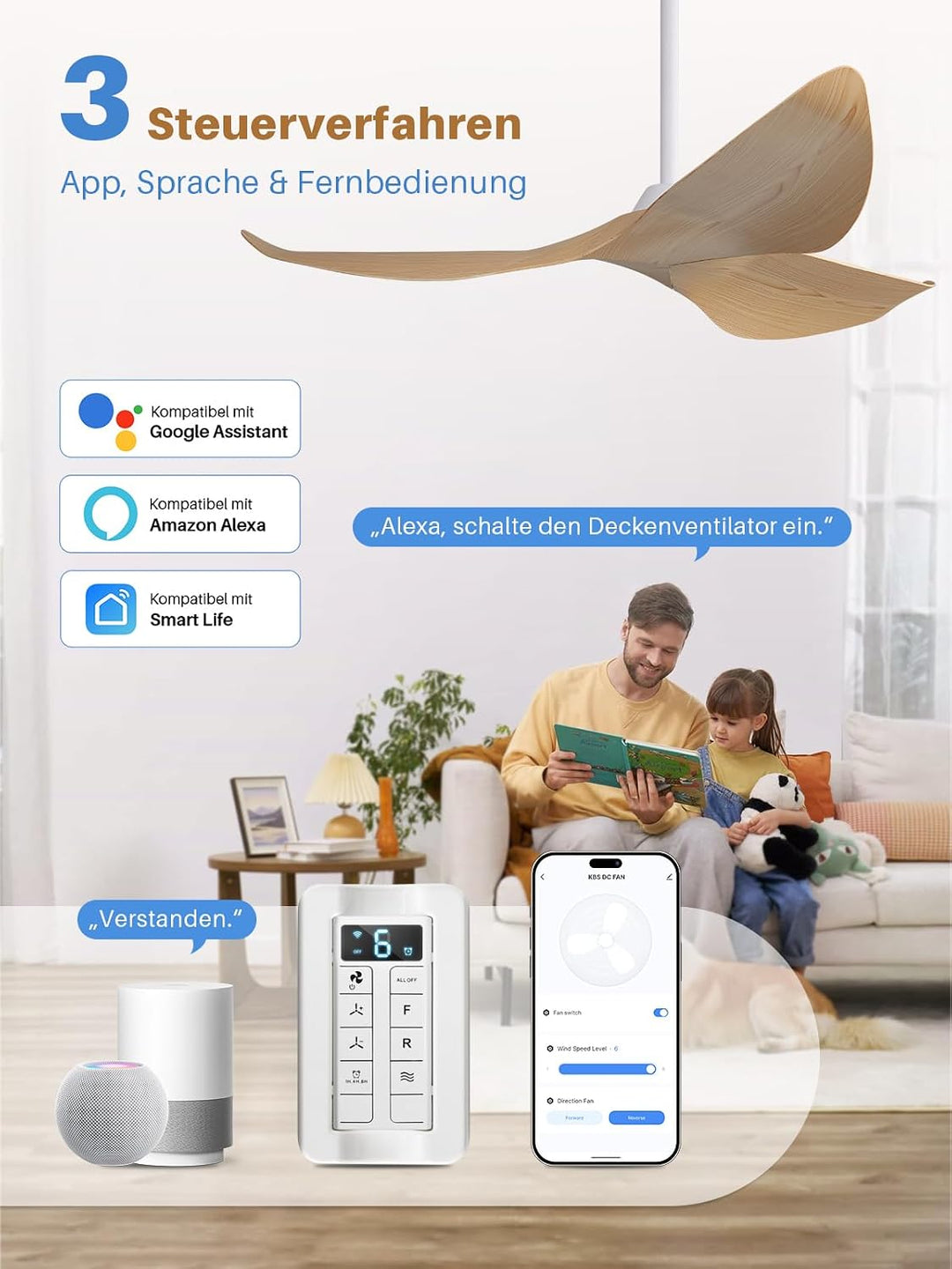 Sofucor 97cm Smart Deckenventilator mit Fernbedienung, Leise Deckenventilator mit Alexa/APP/WLAN, DC