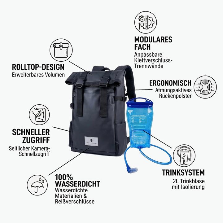 Kamerarucksack wasserdicht mit Trinksystem | Modularer Fotorucksack für Stativ | Schneller Kamera-Zu