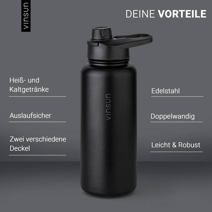Vinsun Thermosflasche schwarz 1L - auslaufsicher, Kohlensäure geeignet, BPA frei - Strohhalm, Trinkö