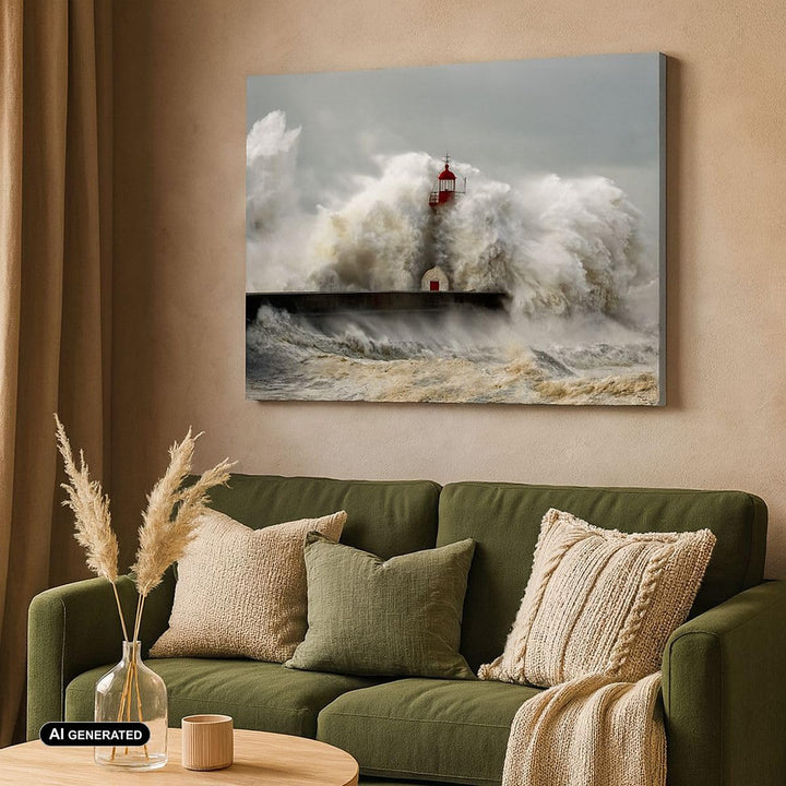ARTTOR Bilder auf Leinwand Leuchtturm Ozean Sturm Leinwandbild 70x50cm Wandbilder Dekoration Wohnzim