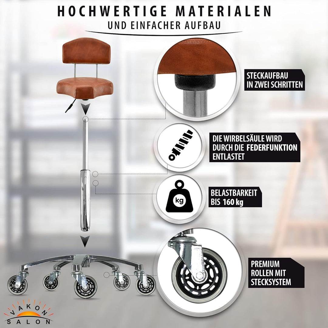VAKON SALON - Ergonomischer Rollhocker mit Lehne in Hellbraun - Höhenverstellbarer von 50-65 cm - Pr