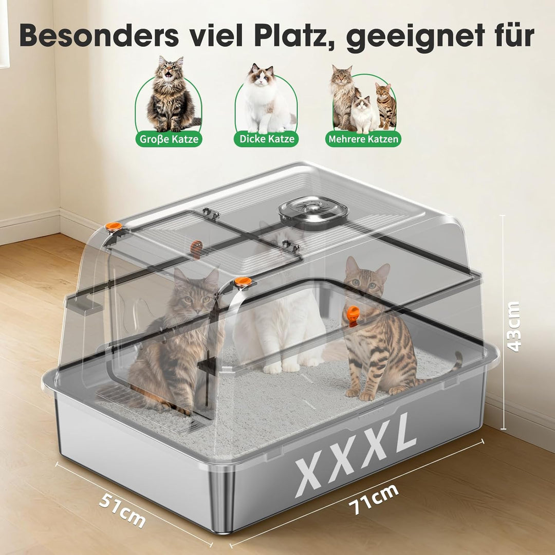 XXXL Edelstahl Katzentoilette mit Deckel – extra grosse geschlossene Katzenklos mit hohen Seitenwänd