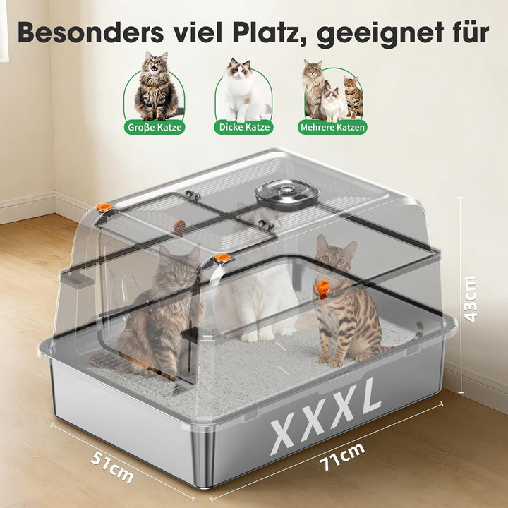 XXXL Edelstahl Katzentoilette mit Deckel – extra grosse geschlossene Katzenklos mit hohen Seitenwänd