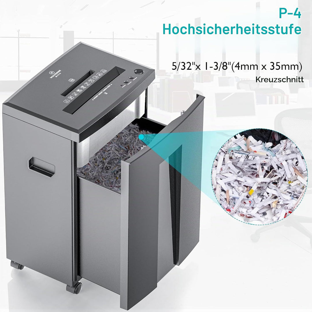 WOLVERINE 18-Blatt-P4-Hochsicherheits-Aktenvernichter mit 60 Minuten Laufzeit, Super-Kreuzschnitt, f