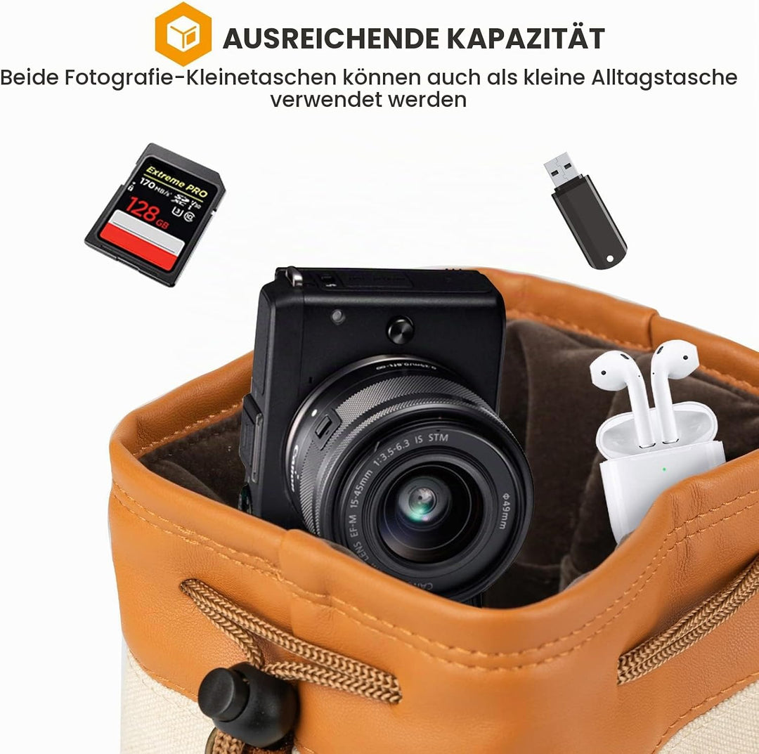 TARION Objektivbeutel mit Tragegurt, Objektivtasche aus Canvas PU Leder, Gepolstert Schutzbeutel Kam