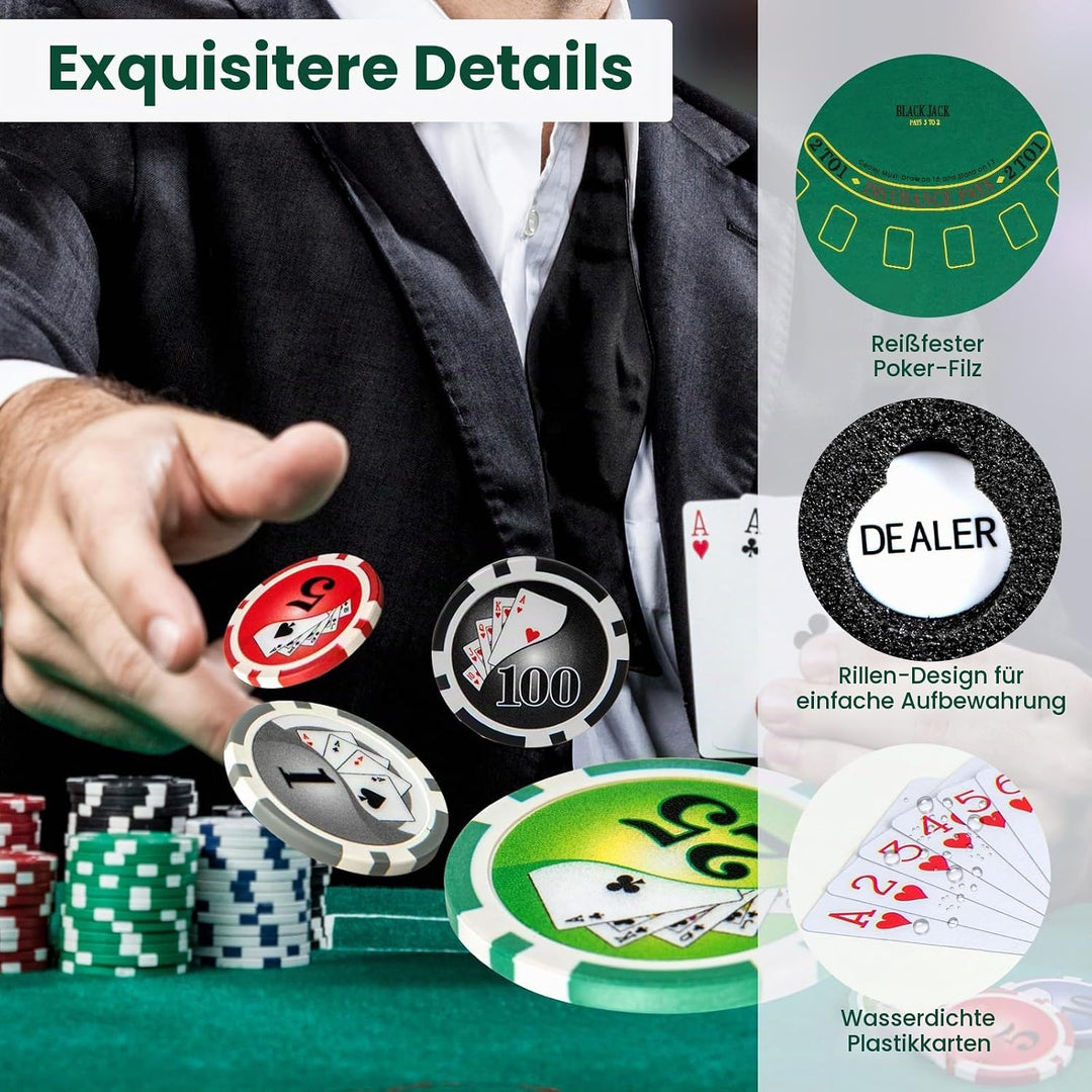HOMASIS Profi Pokerset mit 300/400 Pokerchips, Pokerkoffer mit Matte, 2 Kartendecks, 5 Würfeln, 1 De