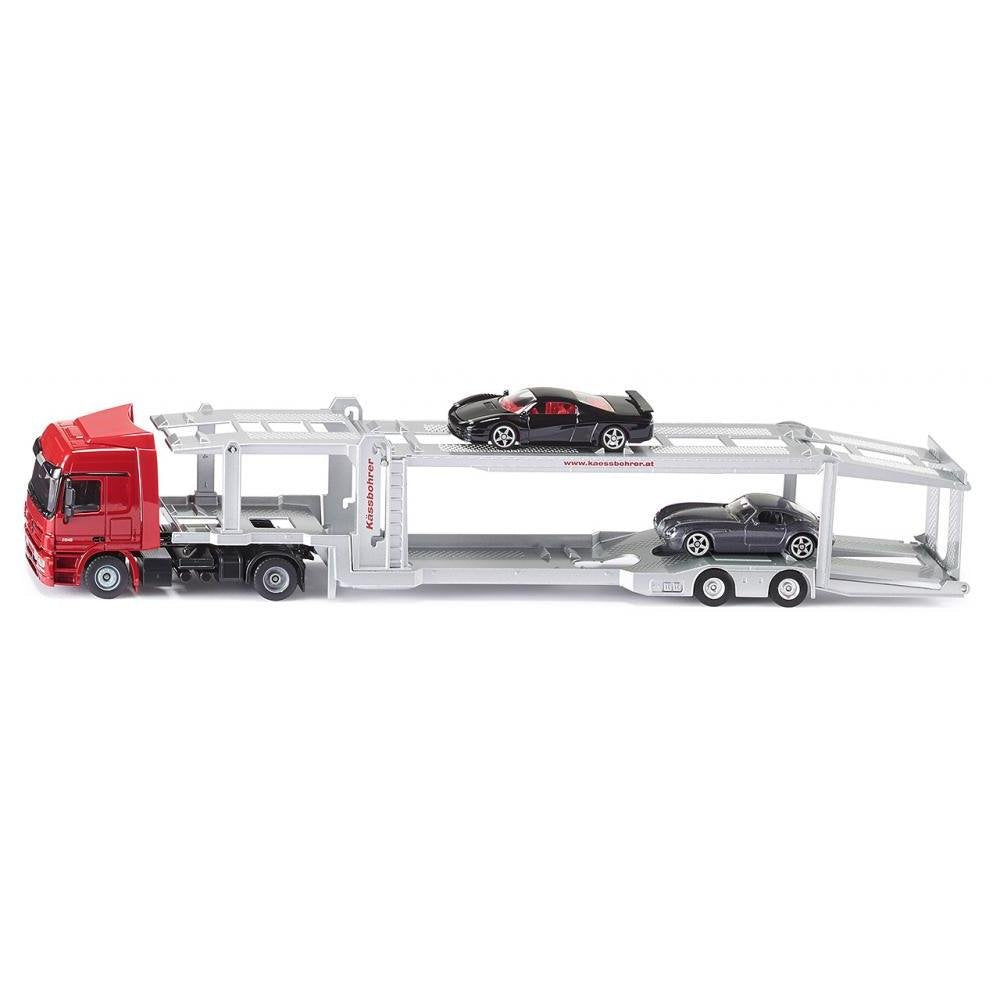 siku 3934, Autotransporter, Inkl. 2 Spielzeug-Autos, 1:50, Metall/Kunststoff, Rot/Silber, Abkoppelba