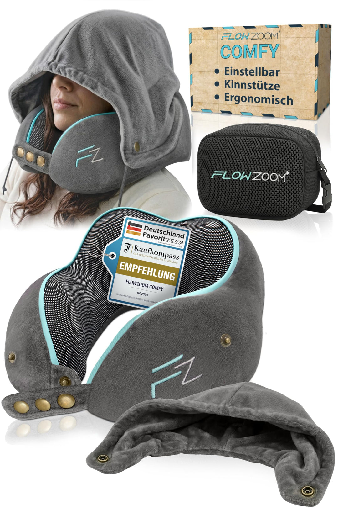 FLOWZOOM Comfy Nackenkissen Flugzeug & Auto mit Kapuze - Einstellbares Memory Foam Reisekissen mit D