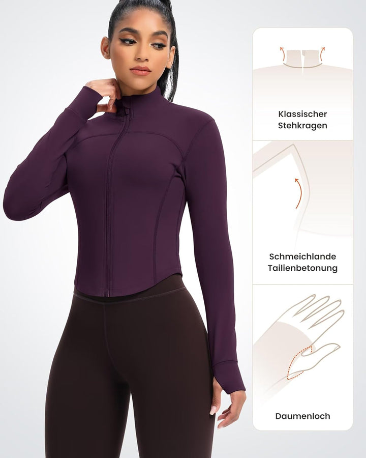 QUEENIEKE Kurze Damen Sportjacke – Leichtes atmungsaktives Yoga-Oberteil mit Daumenlöchern für Fitne