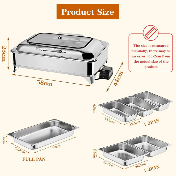 Chafing Dish Elektrisch, 9L Edelstahl Speisewärmer Buffetwärmer Einstellbare Temperatur, Warmhaltebe