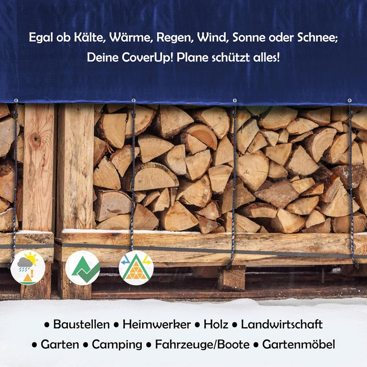 CoverUp! 1,5x6m Abdeckplane Wasserdicht - Farbe: Blau, 120g/m², Gewebeplane mit ösen, Verstärkte Gum
