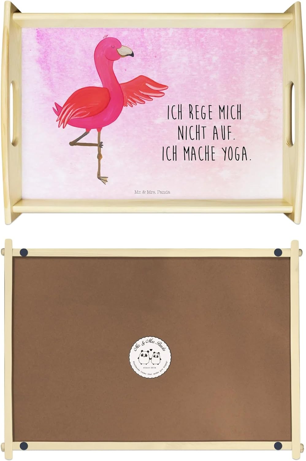 Mr. & Mrs. Panda Tablett Flamingo Yoga - Geschenk, Bett-Tablett, Holztablett, für getränke, Baum, Na